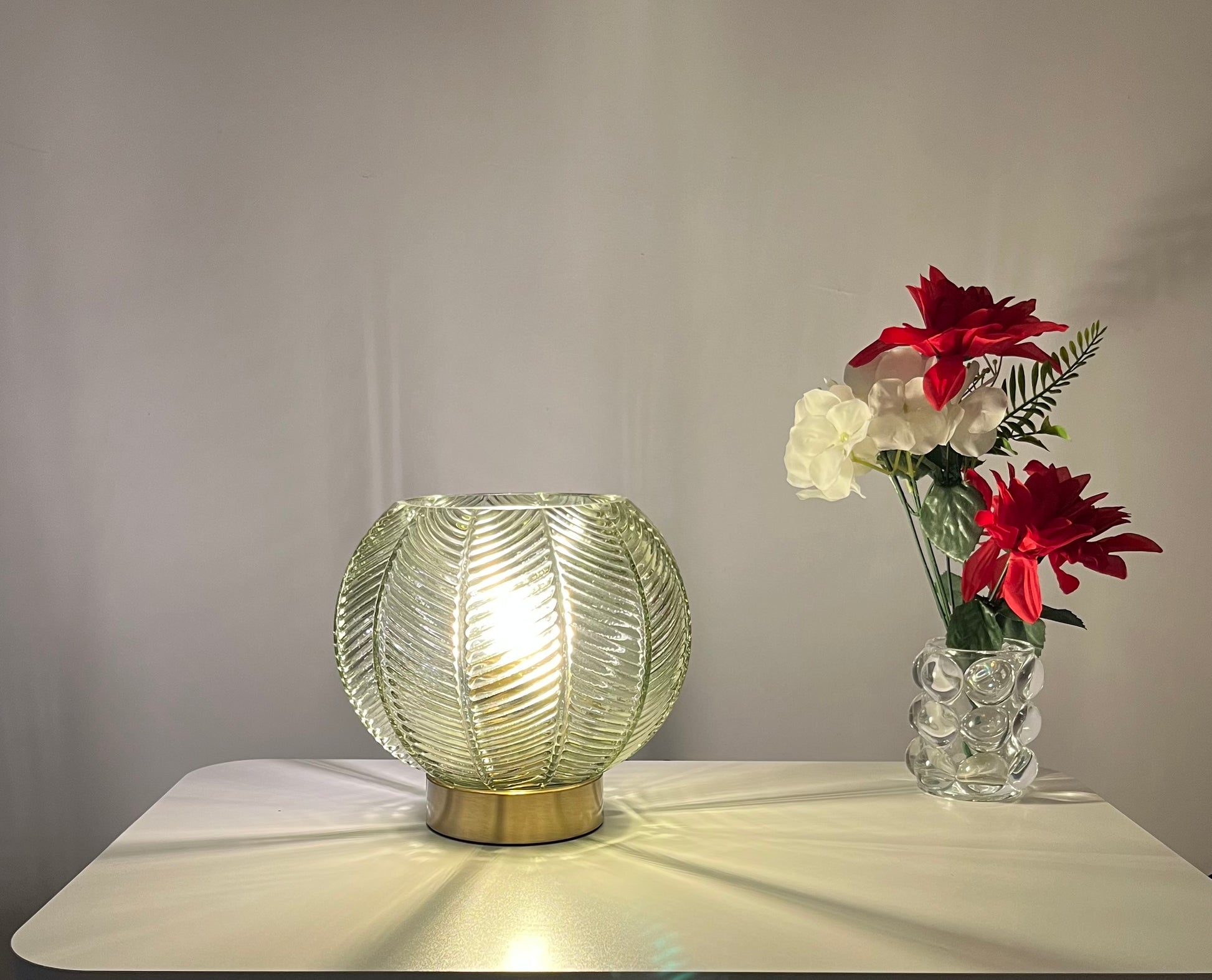 Leaf Design Glass Table Lamp in Green, Smoke Grey or Clear finishes with Matching Gold Base or Satin Chrome Base