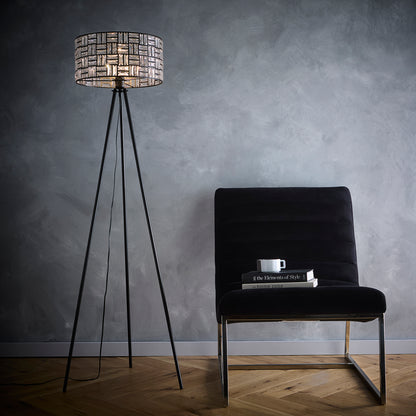 Black Modern Tripod Floor Lamp with Acrylic Glass Drum Shade With a Metal Cut Out Design