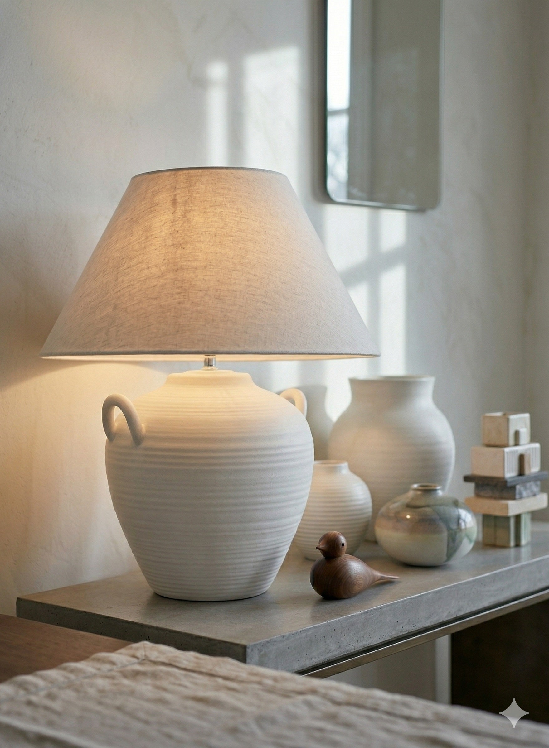 Ceramic Pot Table Lamp in White or Black Stone Like Finish with Side handles and Natural Linen Lampshade