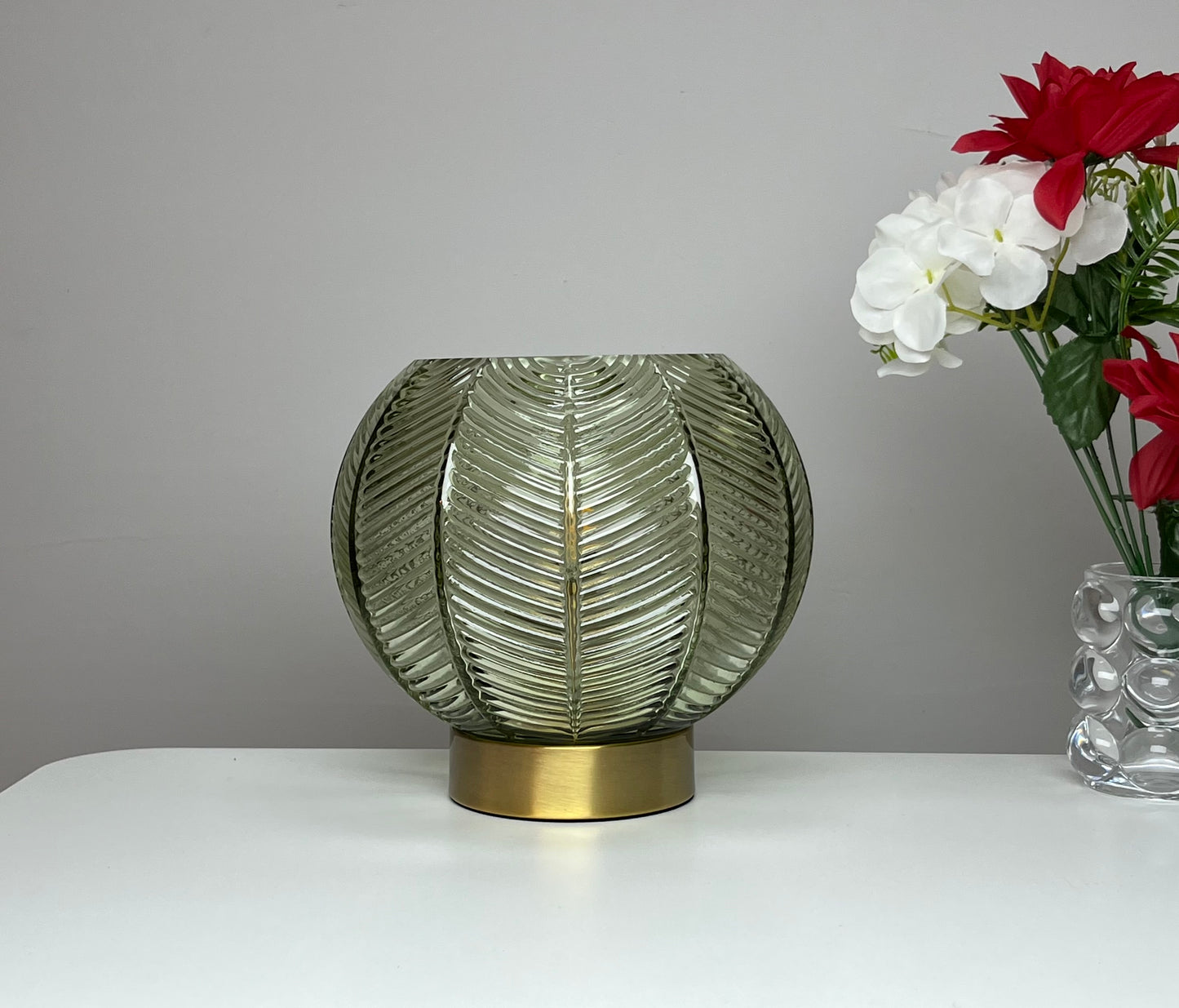 Leaf Design Glass Table Lamp in Green, Smoke Grey or Clear finishes with Matching Gold Base or Satin Chrome Base