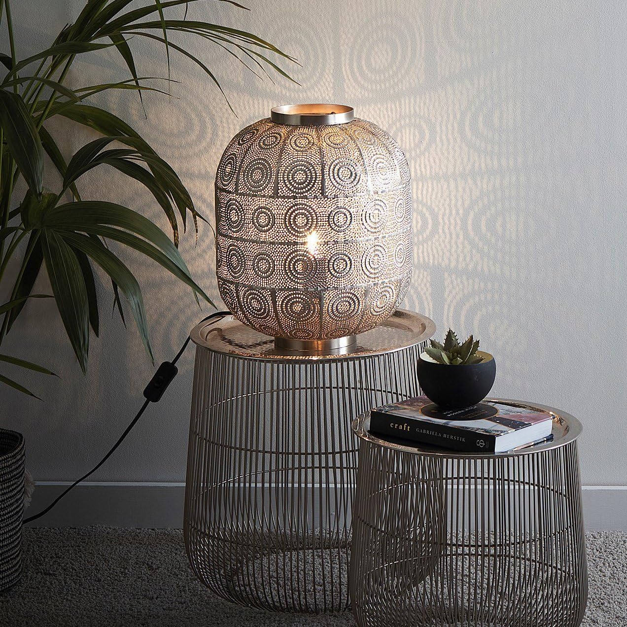 Geometric Pattern Moroccan Design Table Lamp, Floor Lamp or Pendant | Satin Nickel Basket-Like Contemporary Lighting Solution for Modern Homes