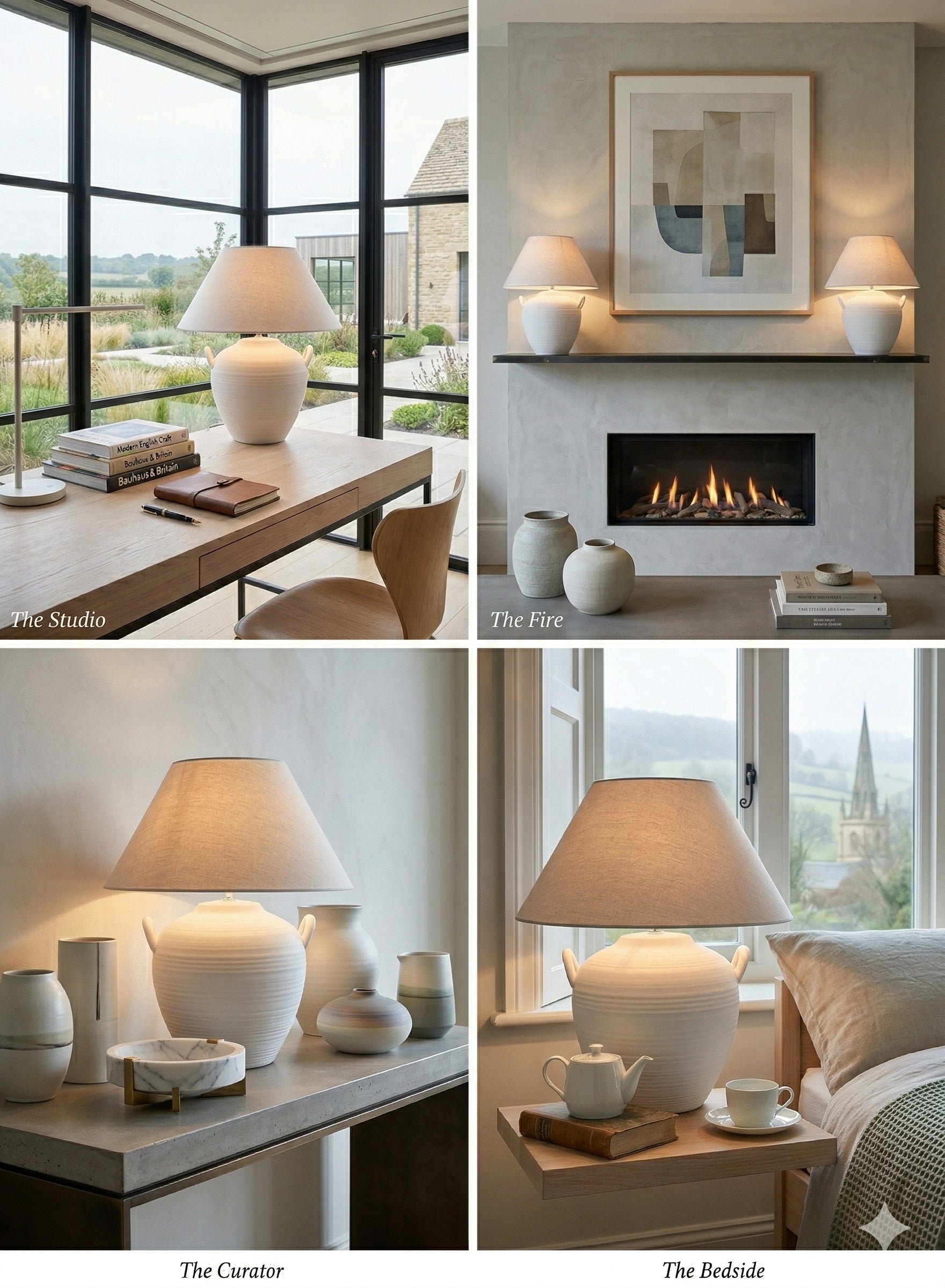 Ceramic Pot Table Lamp in White or Black Stone Like Finish with Side handles and Natural Linen Lampshade