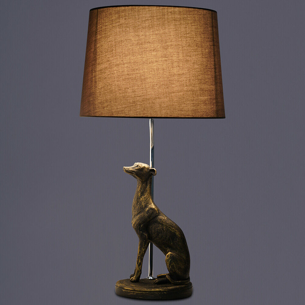 Rita Brown/Gold Poly Resin Dog Table Lamp with Dark Brown Fabric Shade