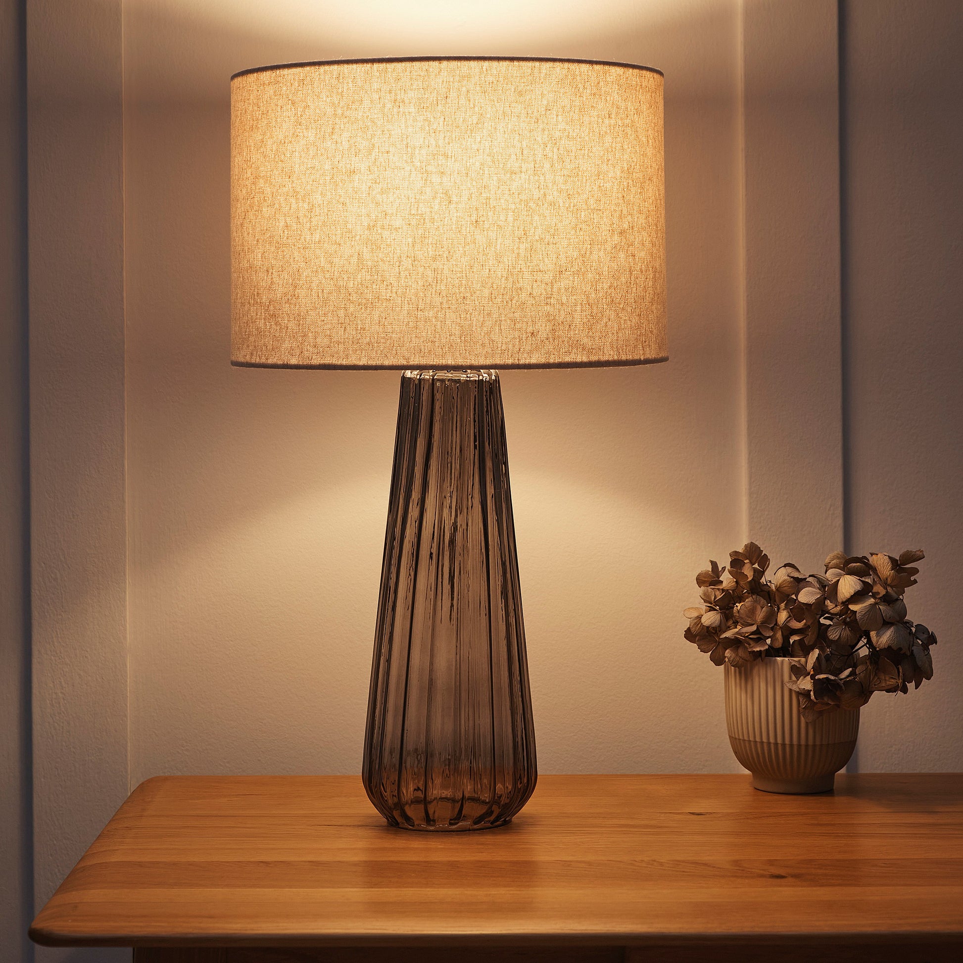 Tall Smoke Grey Glass Design Table Lamp with a Natural Linen Lampshade