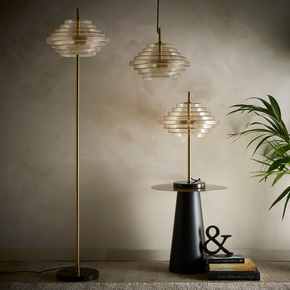 Amber Copper Glass Table lamp, Floor Lamp or Ceiling Pendant collection with a brass finish and Marble lamp bases