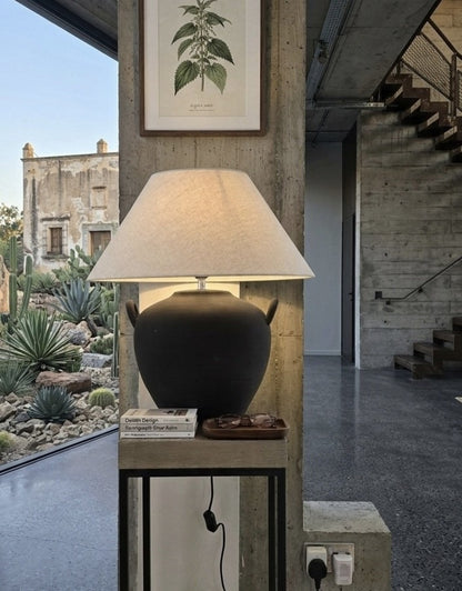 Ceramic Pot Table Lamp in White or Black Stone Like Finish with Side handles and Natural Linen Lampshade