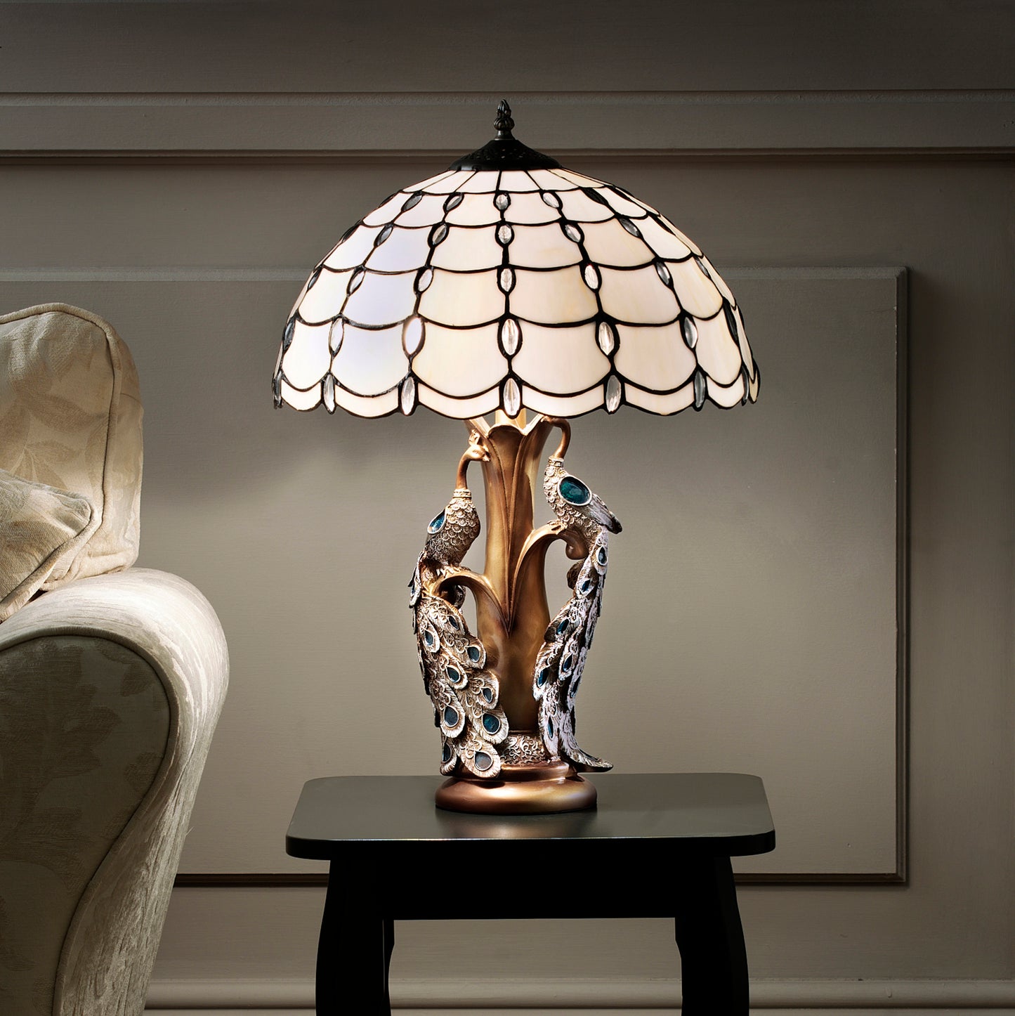 Tiffany Style Table Lamp With Stunning Twin Peacock Tree Design Stand