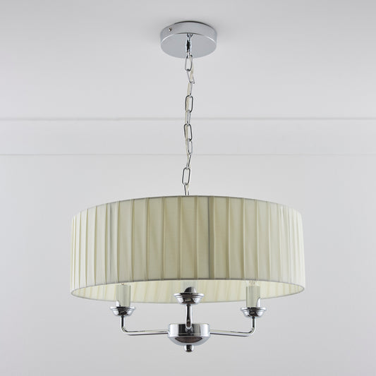3 Light Pleated shade Chandelier with a 3 arm Polished Chrome Frame available in Cream, Grey and Navy