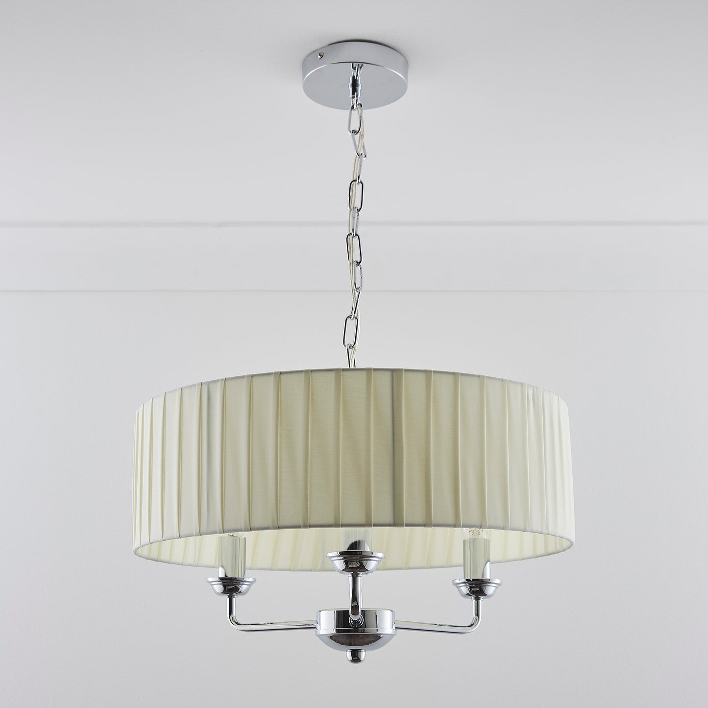 3 Light Pleated shade Chandelier with a 3 arm Polished Chrome Frame available in Cream, Grey and Navy