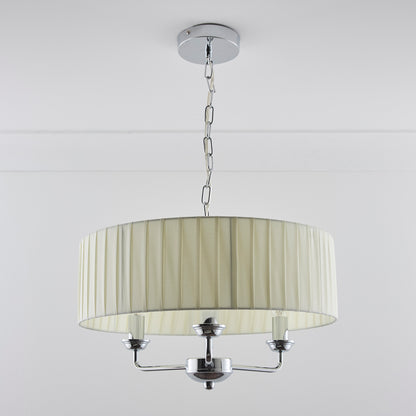 3 Light Pleated shade Chandelier with a 3 arm Polished Chrome Frame available in Cream, Grey and Navy