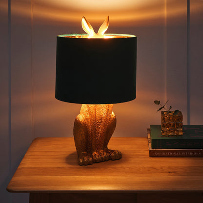 Standing Rabbit Animal Table Lamp in a Gold Finished with a Green Velvet Lampshade