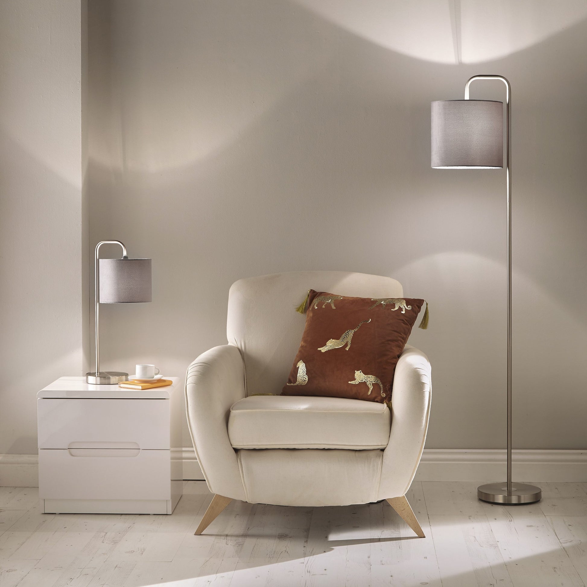 Stunning Satin Nickel Floor Lamp and Table Lamp with Grey Velvet Velour Shade (Options Sold Separately)