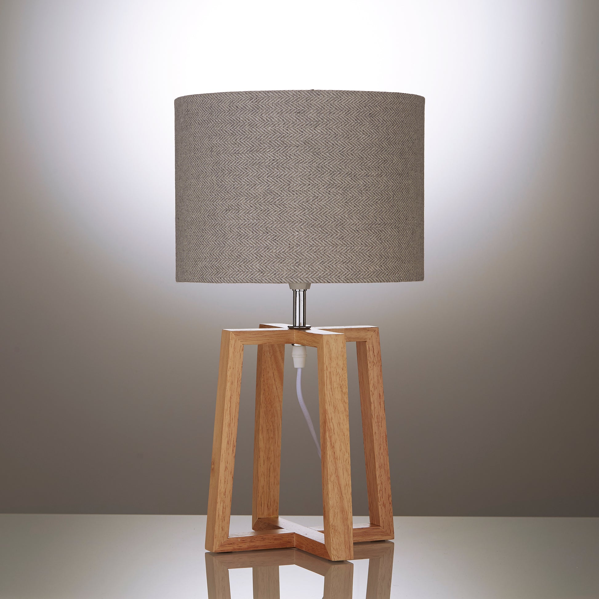 Pair of Natural Wooden Table Lamps with Linen Look Shades Criss Cross Legs