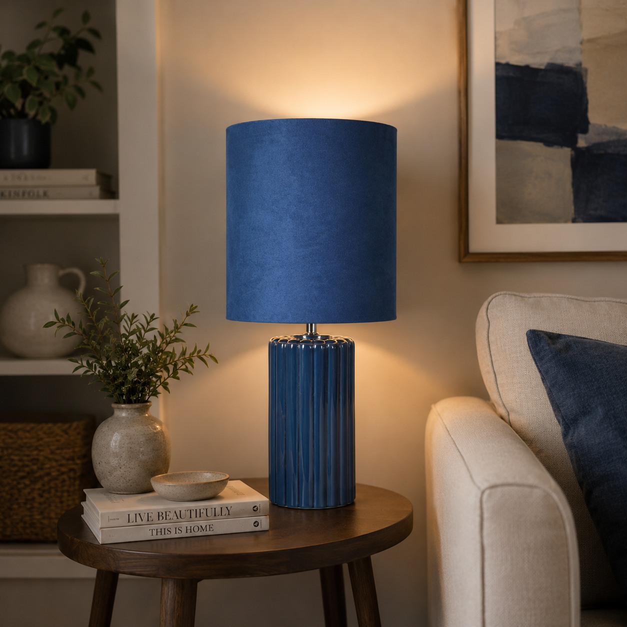 Tall Ceramic Table Lamp With Matching Velvet Lampshade Available in Salmon Orange, Blue and Green