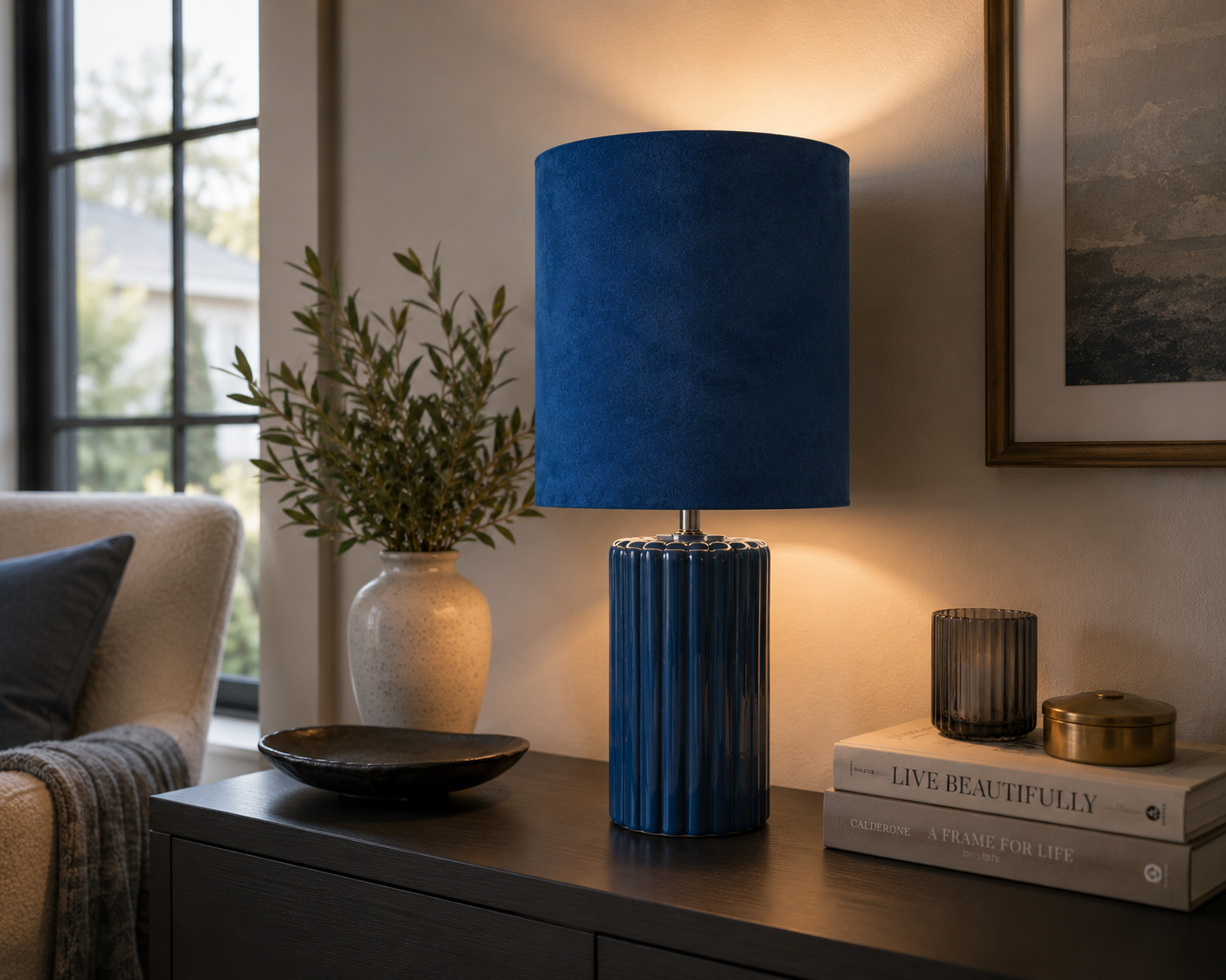 Tall Ceramic Table Lamp With Matching Velvet Lampshade Available in Salmon Orange, Blue and Green