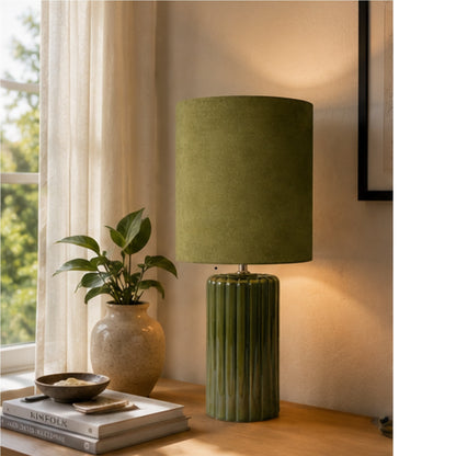 Tall Ceramic Table Lamp With Matching Velvet Lampshade Available in Salmon Orange, Blue and Green