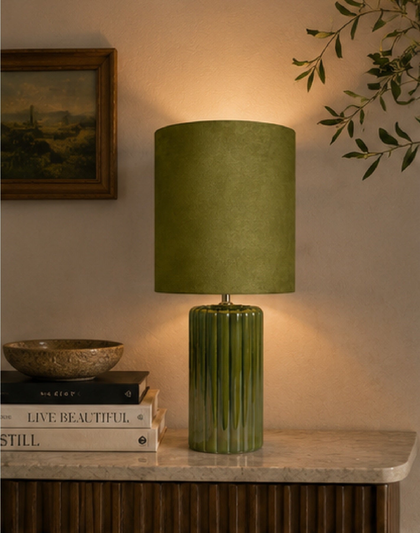 Tall Ceramic Table Lamp With Matching Velvet Lampshade Available in Salmon Orange, Blue and Green