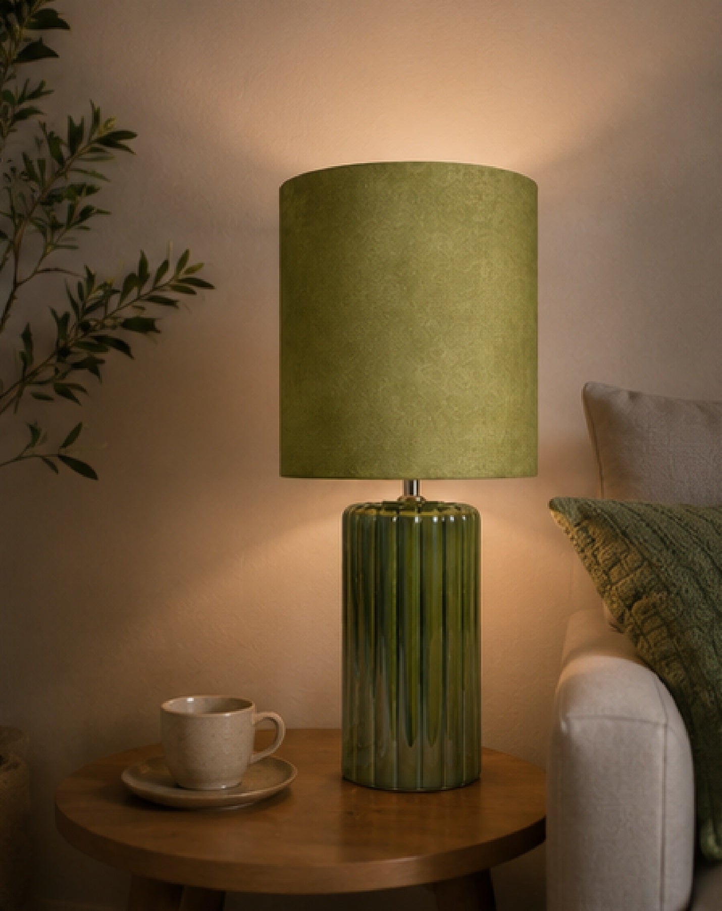 Tall Ceramic Table Lamp With Matching Velvet Lampshade Available in Salmon Orange, Blue and Green