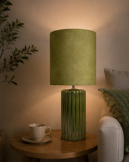 Tall Ceramic Table Lamp With Matching Velvet Lampshade Available in Salmon Orange, Blue and Green