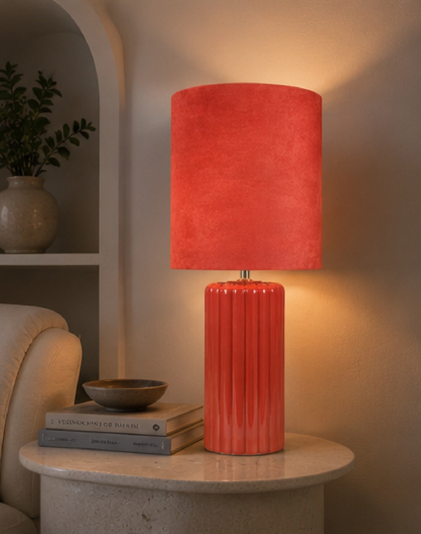 Tall Ceramic Table Lamp With Matching Velvet Lampshade Available in Salmon Orange, Blue and Green