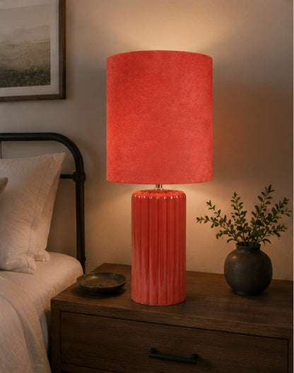 Tall Ceramic Table Lamp With Matching Velvet Lampshade Available in Salmon Orange, Blue and Green