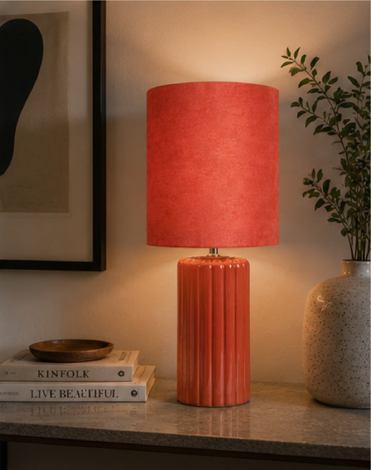Tall Ceramic Table Lamp With Matching Velvet Lampshade Available in Salmon Orange, Blue and Green