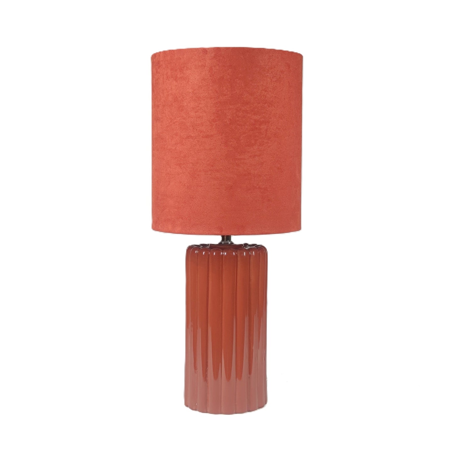 Tall Ceramic Table Lamp With Matching Velvet Lampshade Available in Salmon Orange, Blue and Green