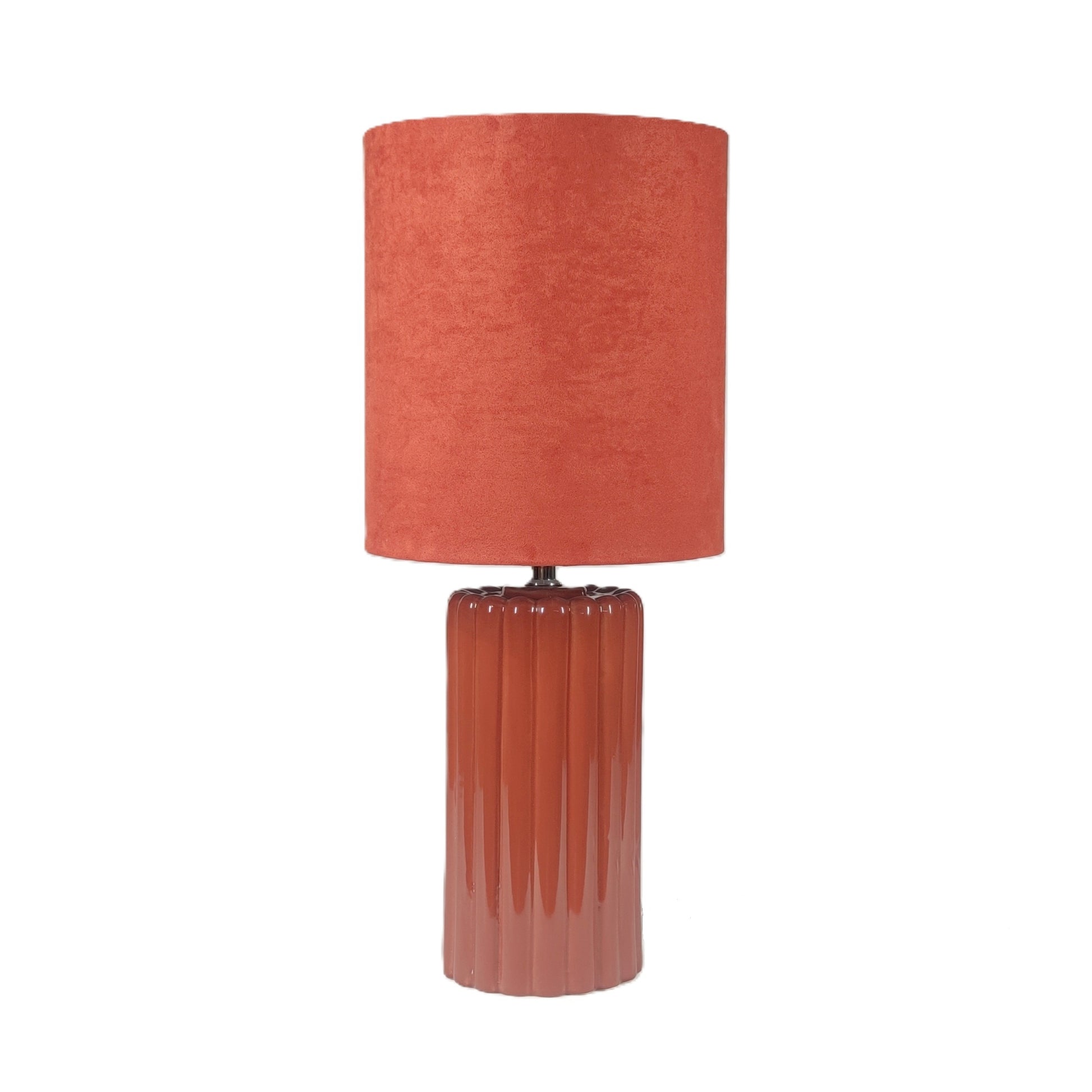 Tall Ceramic Table Lamp With Matching Velvet Lampshade Available in Salmon Orange, Blue and Green
