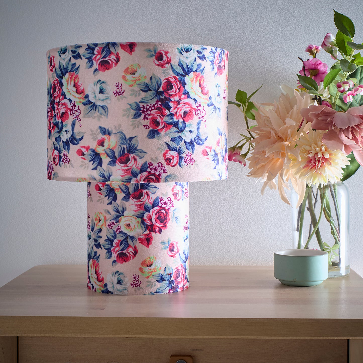 Pink Rose Bud or Green Leaves Printed Velvet Table Lamp, Perfect for bedside and table lamp settings