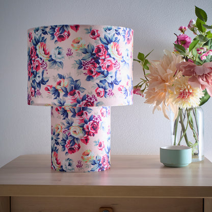 Pink Rose Bud or Green Leaves Printed Velvet Table Lamp, Perfect for bedside and table lamp settings